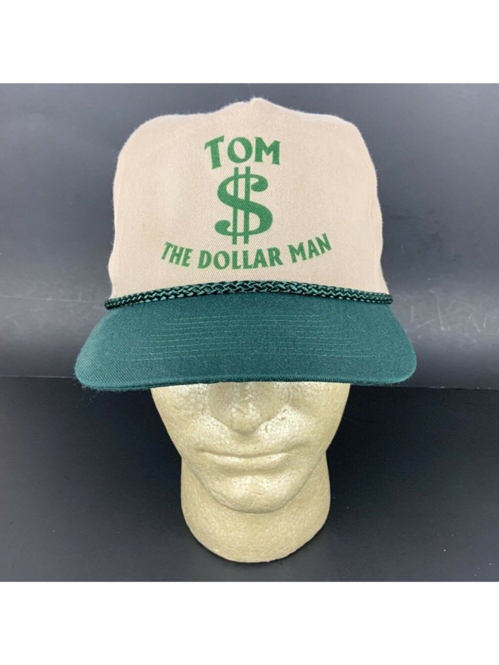 Vintage 80s Tom The Dollar Man Snapback Hat Cap Rope Accent Beige Green